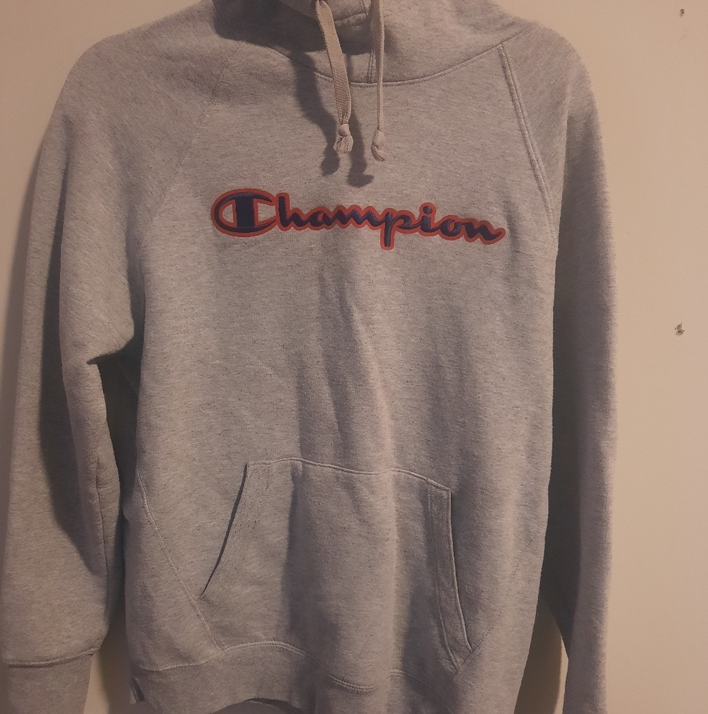 Champion Light Gray Hoodie with Red Logo